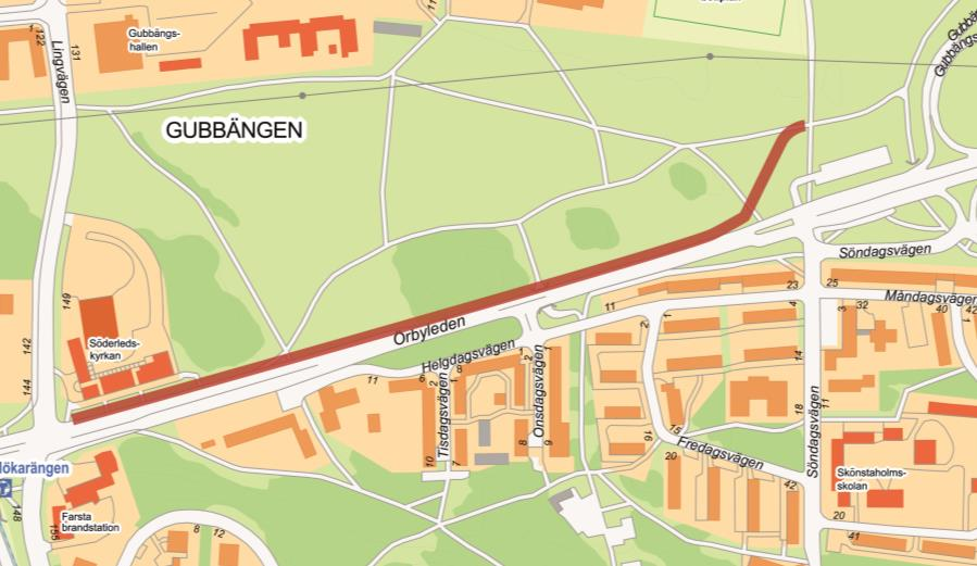 Sida 19 (23) Den aktuella sträckan i rött mellan de planerade bollplanerna i norr och Örbyleden i söder.