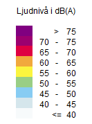 6 Resultat Ljudutbredningen för ekvivalent ljudnivå visas som färgade fält med 5 db intervall. Utbredningen är beräknad på 2 meters höjd över mark enligt standard.