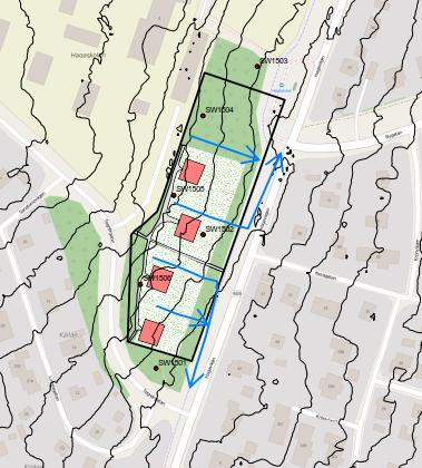 Efter exploateringen kommer dagvatten att rinna från de bebyggda ytorna mot GC väg i sydost, fångas av diket längs Hagavägen och sedan avledas till dagvattensystemet (se figur 3).