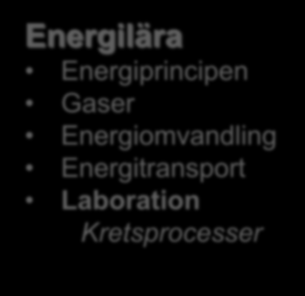 Energi- och miljöfysik Energilära Energiprincipen Gaser Energiomvandling Energitransport Laboration Kretsprocesser Kärnfysik Radioaktivitet Växelverkan