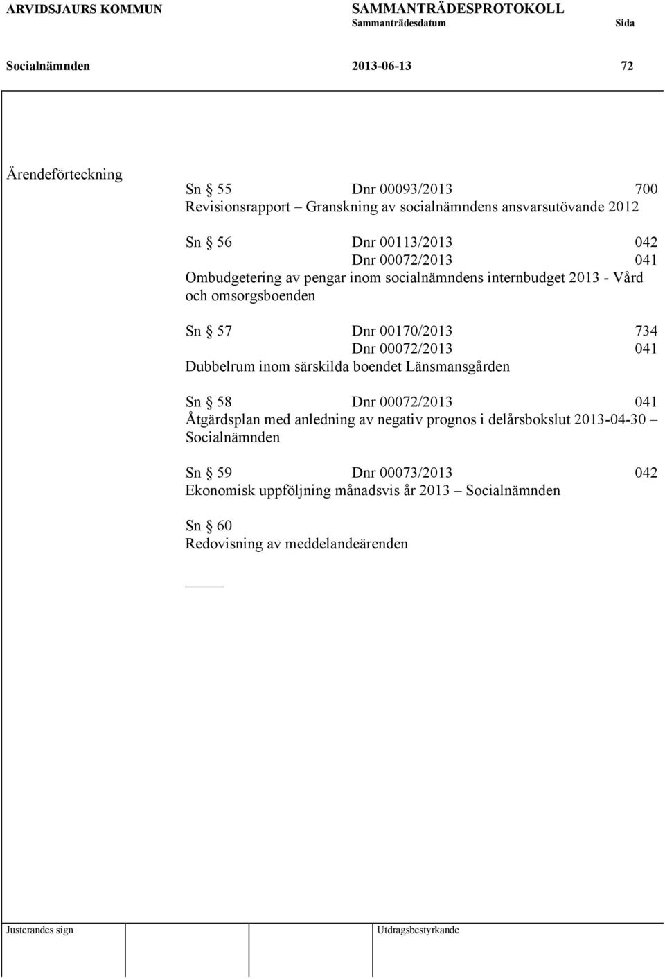 57 Dnr 00170/2013 734 Dnr 00072/2013 041 Dubbelrum inom särskilda boendet Länsmansgården Sn 58 Dnr 00072/2013 041 Åtgärdsplan med anledning av negativ prognos i