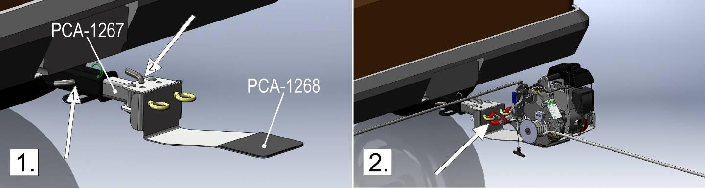 SOM DEN SKA. PLACERA KLOSSAR BAKOM HJULEN FÖR ATT FÖRHINDRA ATT FORDONET RULLAR ELLER GLIDER. 3.3.3 Använda vinschens stödplatta (PCA-1268) med fyrkantsrör 50 mm (2'') (PCA-1267) 1) Bild 1, nr.