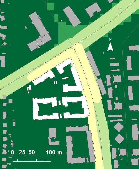 Halter av kvävedioxid, NO 2 vid utbyggnad, kv. Kvarngärdet år 2030 Figur 3 visar beräknad medelhalt av kvävedioxid, NO 2 under det 8:e värsta dygnet med kv.