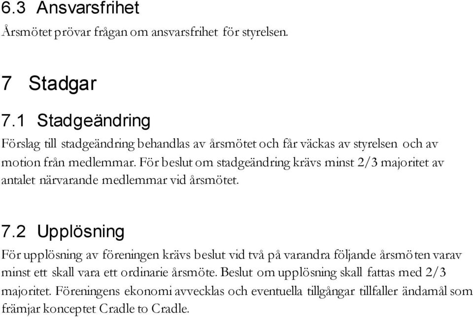 För beslut om stadgeändring krävs minst 2/3 majoritet av antalet närvarande medlemmar vid årsmötet. 7.