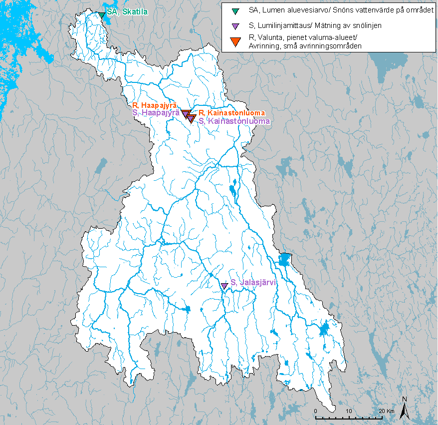 Bild 8. Platser för linjetaxering av snöns vattenvärden samt mätning av avrinning i Kyro älvs vattendrag.
