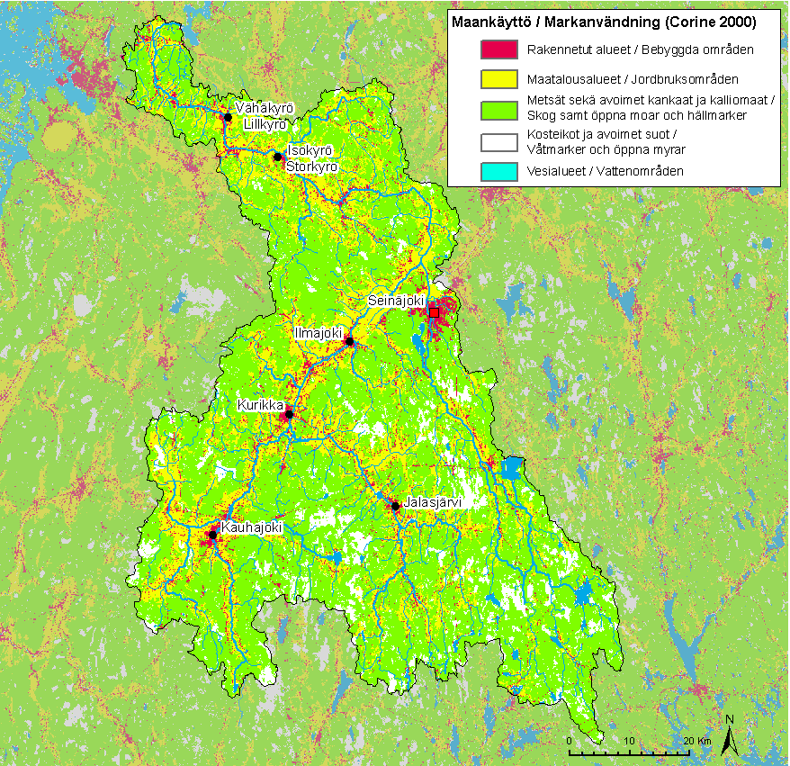 avrinningsområden kan åkerprocenten till och med överstiga 60. Markanvändningen i avrinningsområdet är effektiv och omfattande dräneringar av åker- och skogsmark har utförts.