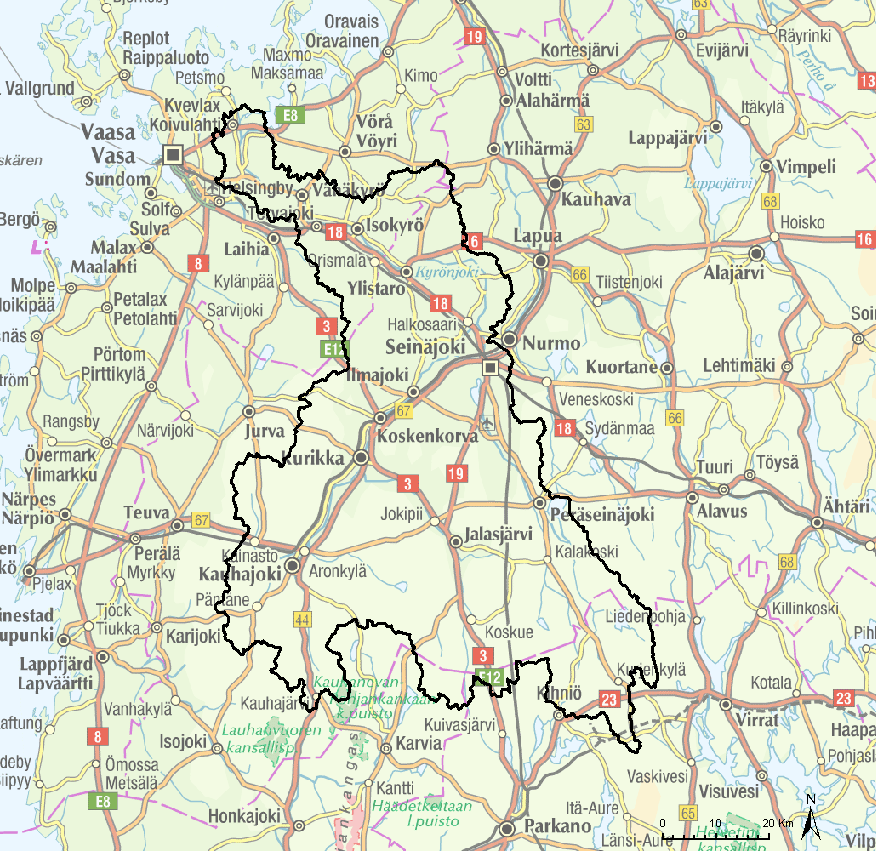 där Jalasjoki och Kauhajoki åar förenas och älvens längd är då 127 km. Vattendragets fallhöjd från Seinäjärvi sjö till Bottniska viken är 140 m.