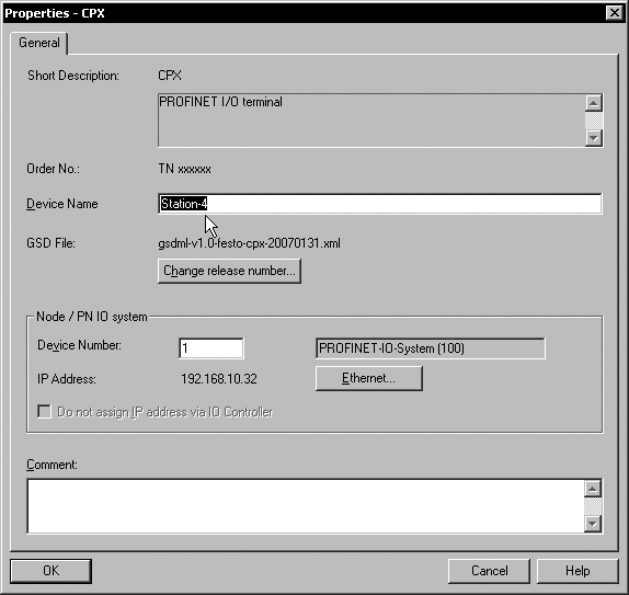 2. Idrifttagning 1 Bild2/4: CPX terminalens egenskaper enhetsnamn 7. I fältet Device Name" ( 1 i Bild2/4) resp.