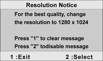 Kontroll Beskrivning Resolution Notice (Upplösningsinformation) visar menyn Resolution Notice som illustreras nedan.