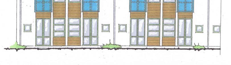 9 Den lägre 2-våningsbebyggelsen (hus C, D, E) ska likaledes ges en ljusgrå putsad fasad mot norr (loftgång) och på gavlarna.
