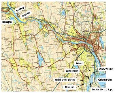 79 Figur 9. Översikt över lokaliteterna runt Umeå i relation till Brånsjön och studieområdena Bratby och Gubböle. Figur 0.