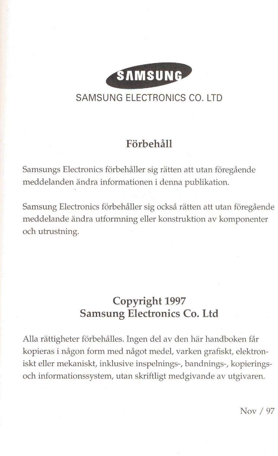 Copyright 1997 Samsung Electronics Co. Ltd Alla rättigheter förbeh6lles.