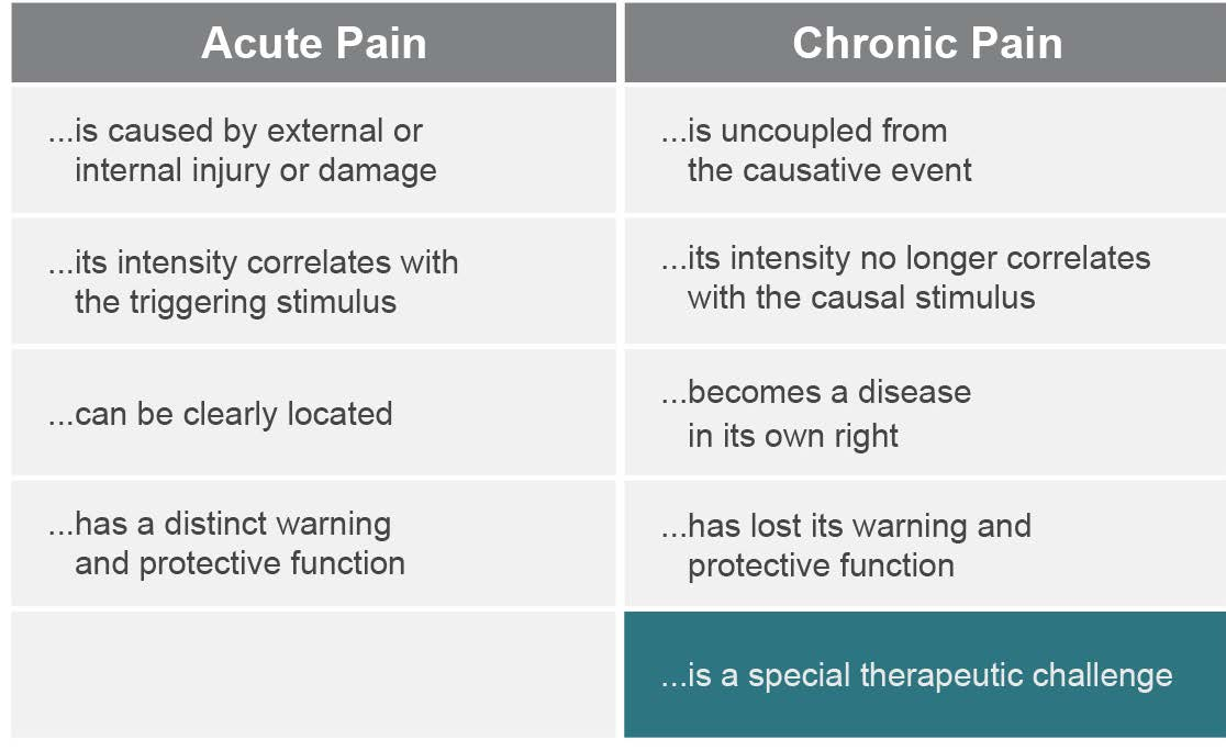 Differentiating acute from chronic pain 1. Turk DC, Okifuji A. Interdisciplinary Approach to Pain Management: Philosophy, Operations and Efficacy. In: Ashburn MA, Rice LJ, editors.
