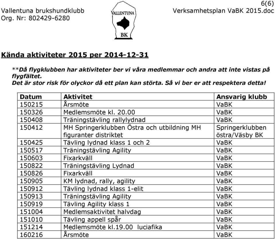 00 VaBK 150408 Träningstävling rallylydnad VaBK 150412 MH Springerklubben Östra och utbildning MH figuranter distriktet Springerklubben östra/väsby BK 150425 Tävling lydnad klass 1 och 2 VaBK 150517