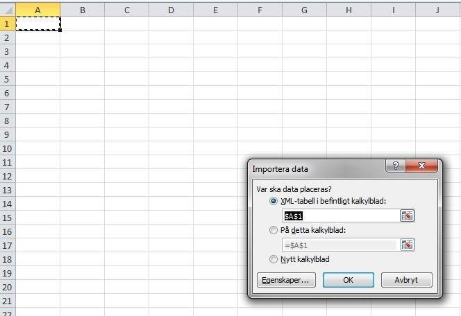 5. Välj den nyss skapade loggrapporten i filväljaren som nu visas. Vy 147: Microsoft Excel 2010 - Välj loggrapporten i XML-format 6. Välj vart data ska placeras.