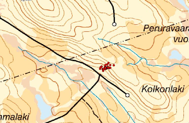 Kolkonlaki Pajala 14,3 km öster om Keräntöjärvi 7522881,1815366 Röda prickar visar artfynden Naturskyddsföreningen gjorde 40 fynd fördelade på 11 rödlistade arter Starkt hotade (EN) Urskogsporing