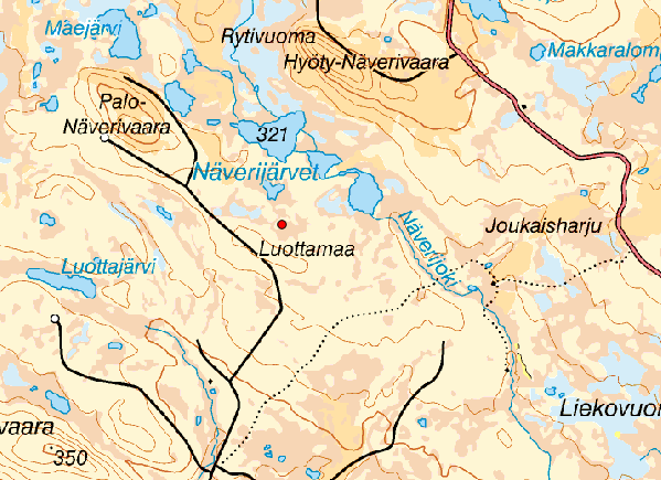 Näverijärvet Kiruna 12,8 km nordväst om Vittangi 7526771,1759008 (RT90) Röd prick