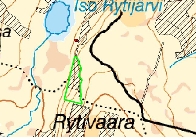 Iso Rytijärvi Pajala 5,5 km Nord om Pajala 7482732,1825810 (RT90) En avverkningsanmäld skog Röda prickar är artfynd, grön kantlinje är gräns för nyckelbiotop och