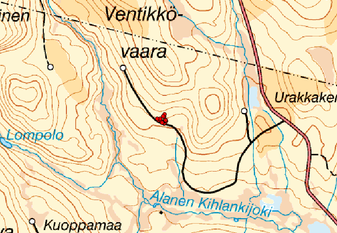 Ventikkövaara Pajala 8,6 km öster om Keräntöjärvi 7522098,1809705 (RT90) Skogen är klassad till produktion med generell hänsyn enligt ekoparksplanen.