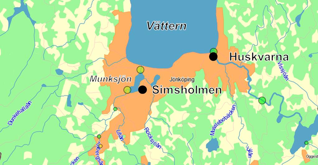 Figur E3. Karta över Jönköping, södra Vättern, Munksjön samt de två reningsverken Simsholmen och Huskvarna.