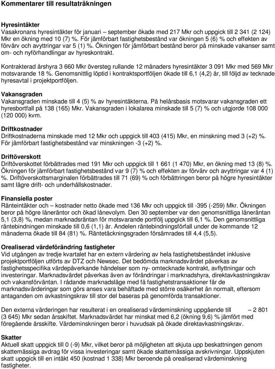 Ökningen för jämförbart bestånd beror på minskade vakanser samt om- och nyförhandlingar av hyreskontrakt.