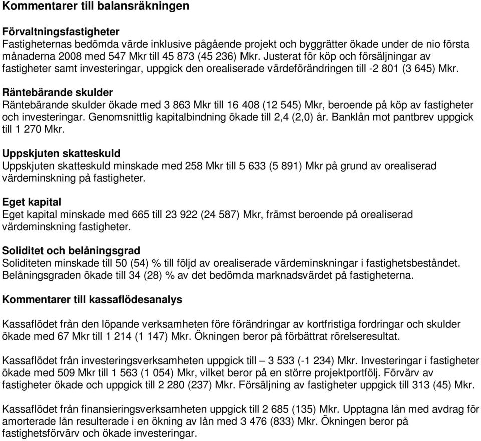 Räntebärande skulder Räntebärande skulder ökade med 3 863 Mkr till 16 408 (12 545) Mkr, beroende på köp av fastigheter och investeringar. Genomsnittlig kapitalbindning ökade till 2,4 (2,0) år.