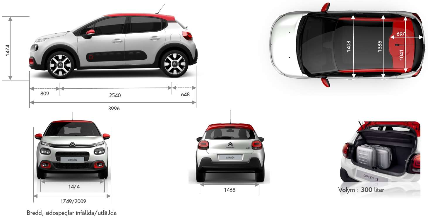 CITROËN TRYGGHETSPAKET Assistans Lackgaranti Nybilsgaranti Garanti mot genomrostning Vagnskadegaranti 3 år 3 år 3 år eller 100 000 km 12 år 3 år DIMENSIONER Utrustning och specifikationer gäller för