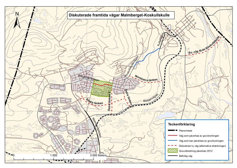 Alternativa framtida vägområden i Malmberget och Koskullskulle Expansionen av gruvan medför förändringar i vägnätet och behov av nya vägar. I Malmberget kommer det befintliga nätet att påverkas.