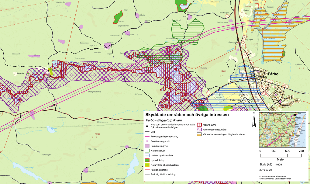 Figur 4a: Föreslagna linjesträckningar (rosa) norr respektive söder om befintlig 400 kv-ledning.