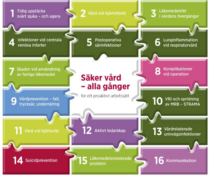 vård vid rätt tidpunkt, varje gång för varje patient. Detta beskrivs i Säker vård alla gånger med de 16 fokusområdena som utgör basen för regionens utvecklingsarbete i patientsäkerhet.