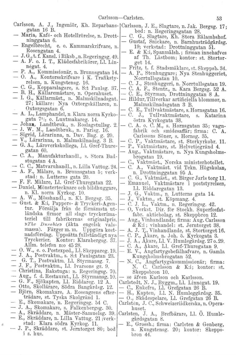 Carlsson-Carlsten. 53 Carlsson, A. J., Ingeniör, Kh. Reparbans- Carlsson, J. E., Slagtare, n. Jak. Bergsg. 17; gatan 16 B. bod: n. Regeringsgatan 28. Maria, Kafe- och Hotellrörelse, n. Drott- C. G.