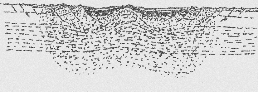 Meteoriten har just trängt in i jordskorpan. Vid kontakten utlöses en chockvåg. Chockvågens energi förångar meteoriten och smälter en del av berggrunden (svart).