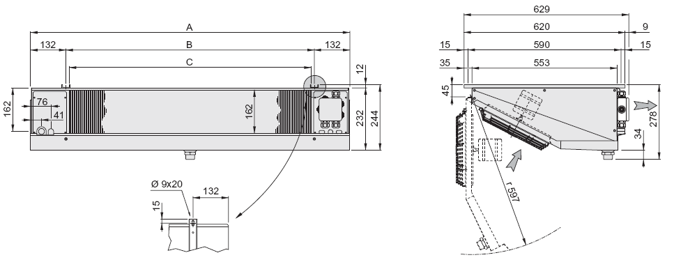 Installation Minsta avstånd från vägg för att byta värmestav Minsta avstånd från vägg på fläktsida Standardmodeller: A = 150 mm EDPmodeller: A = B + 250 mm Se till att avståndet till väggen är minst