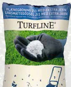 Turfline gödsel 15 Turfline Gräsmattegödsel 2i1 med extra järn NK 14-4 med järn (Fe 6,8 %). Frisk grön färg efter några dagar och en gräsmatta som fått en näringskick.