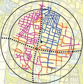 Jämförelse mellan kvartersstad och trafikseparerat område Den yttre cirkeln är 1,5 km från startpunkten (stjärnan). De färgade länkarna visar de som en fotgängare når genom att gå maximalt 1,5 km.