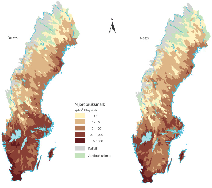 I figur 21 redovisas jordbruksläckaget i kg/km 2 totalyta och år per TRK-område utan retention (brutto) och med retention (netto).