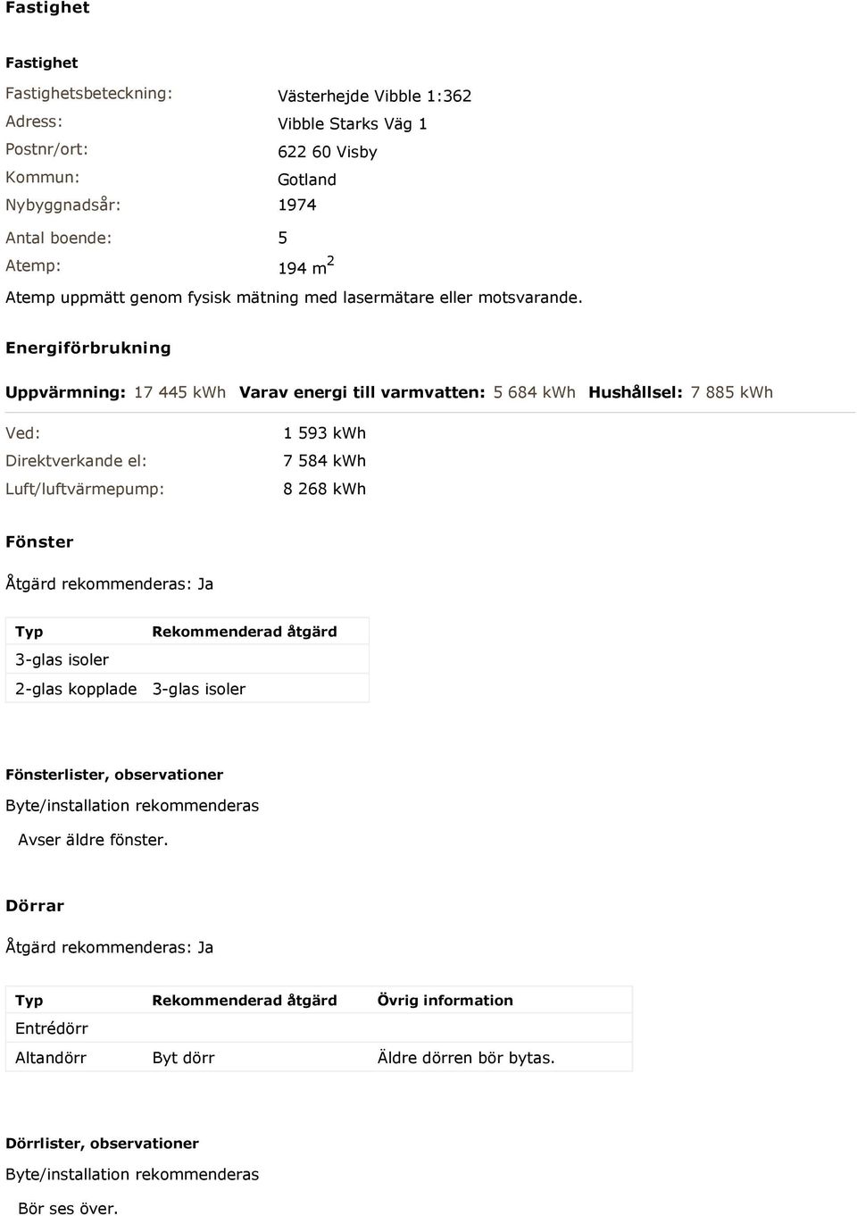 Energiförbrukning Uppvärmning: 17 445 kwh Varav energi till varmvatten: 5 684 kwh Hushållsel: 7 885 kwh Ved: Direktverkande el: Luft/luftvärmepump: 1 593 kwh 7 584 kwh 8 268 kwh Fönster Åtgärd