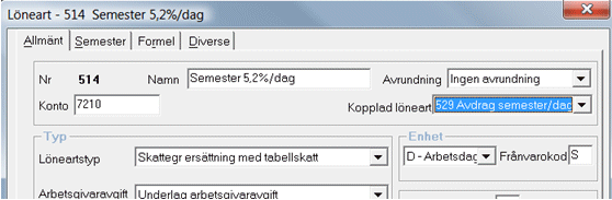 Alternativ 3 - Semesteruttag med lönearter inställda per dag Med löneart byggd för att betala ut ett semestertillägg på 0,6% av månadslönen per semesterdag.