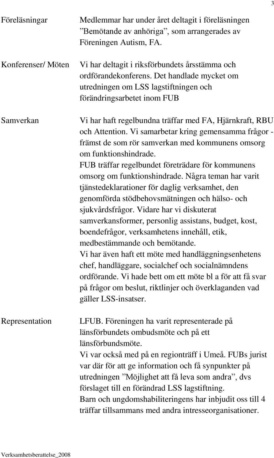 Det handlade mycket om utredningen om LSS lagstiftningen och förändringsarbetet inom FUB Vi har haft regelbundna träffar med FA, Hjärnkraft, RBU och Attention.