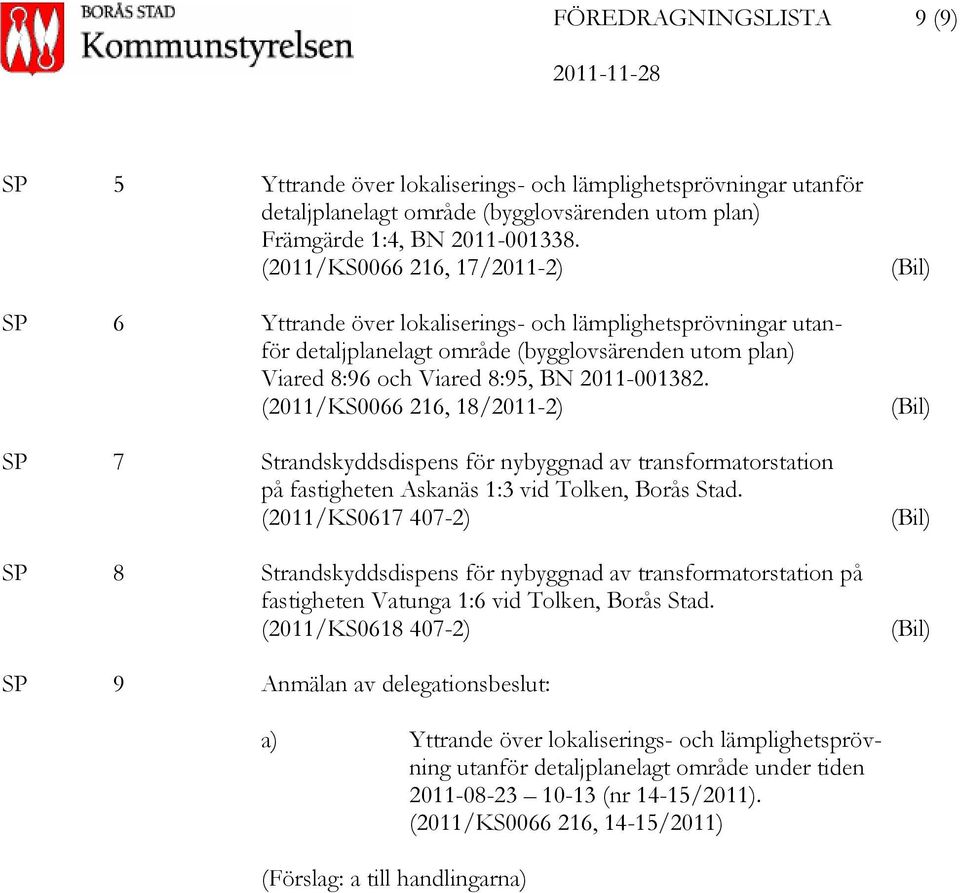 (2011/KS0066 216, 18/2011-2) SP 7 Strandskyddsdispens för nybyggnad av transformatorstation på fastigheten Askanäs 1:3 vid Tolken, Borås Stad.
