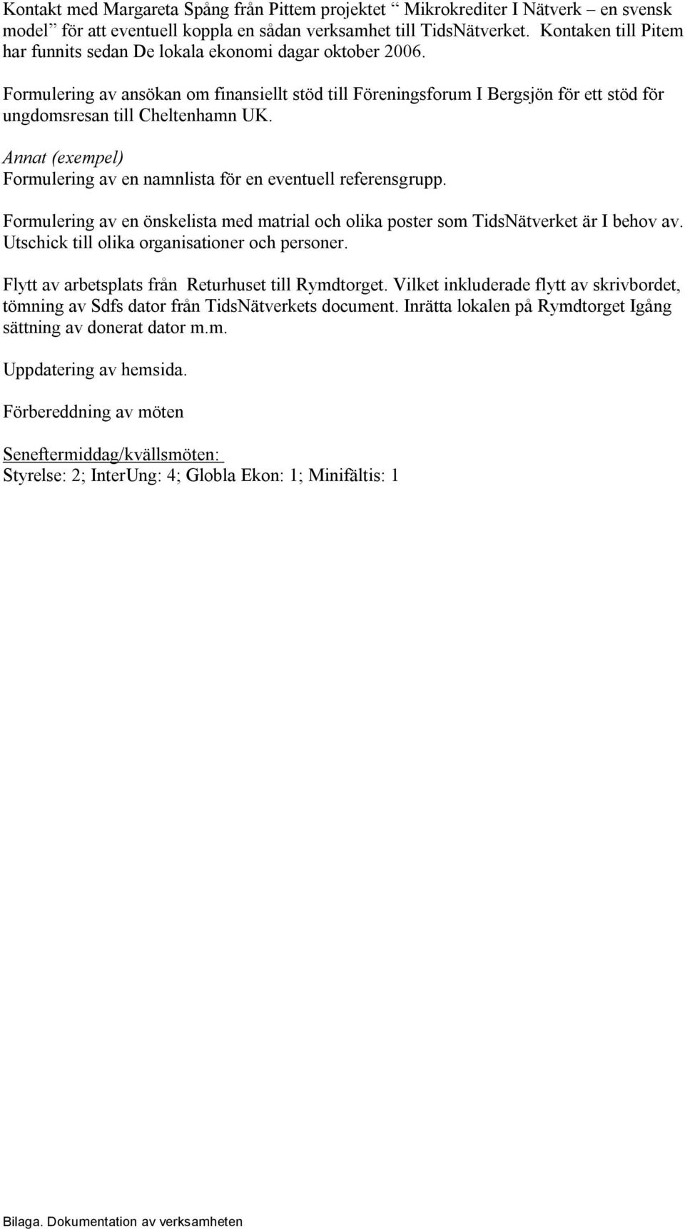 Annat (exempel) Formulering av en namnlista för en eventuell referensgrupp. Formulering av en önskelista med matrial och olika poster som TidsNätverket är I behov av.