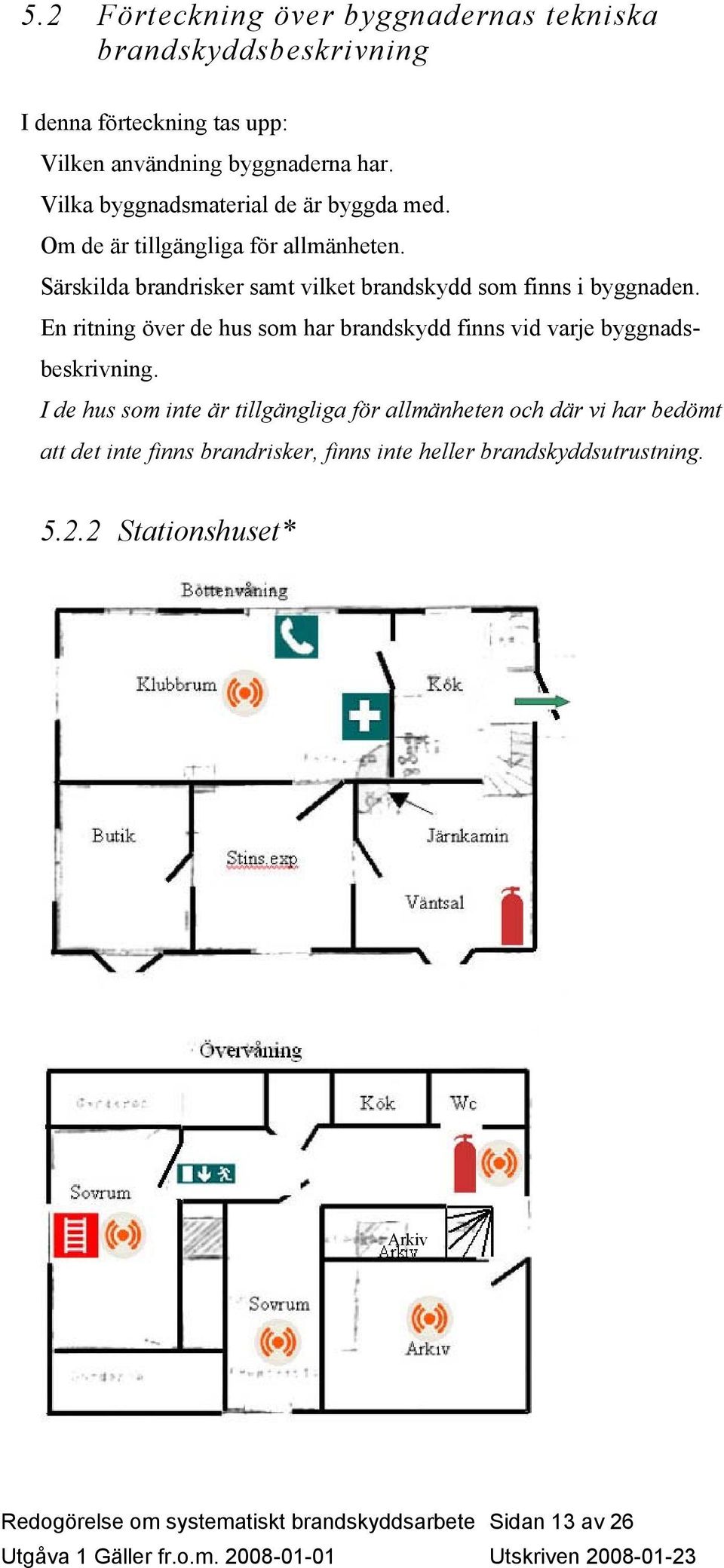 Särskilda brandrisker samt vilket brandskydd som finns i byggnaden.