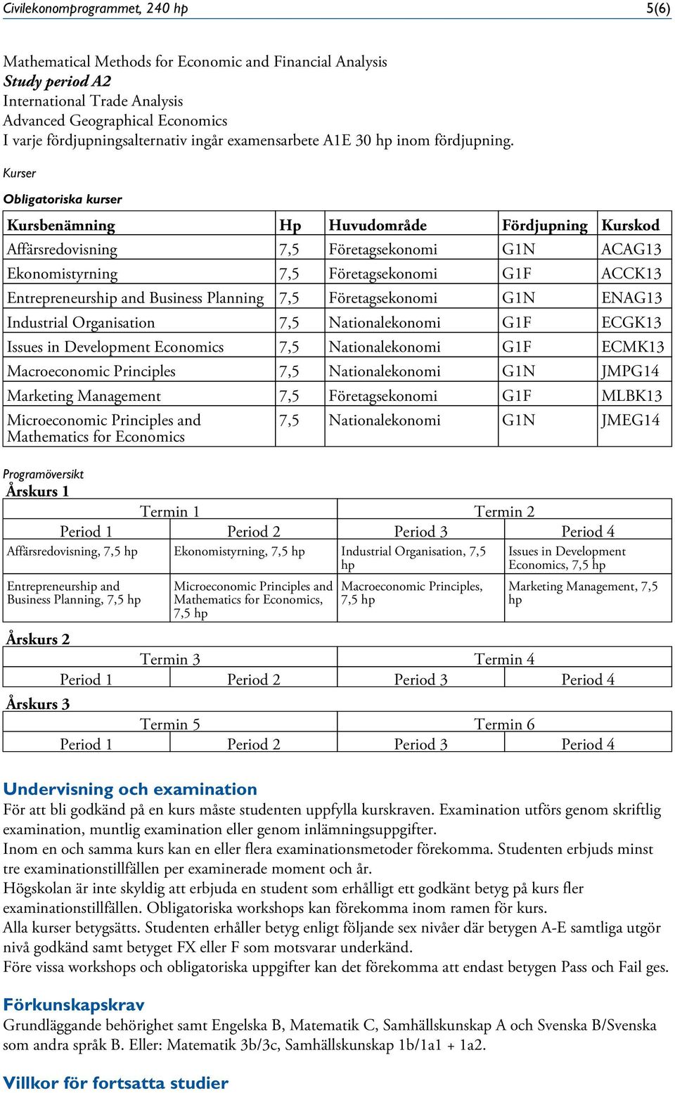 Kurser Obligatoriska kurser Kursbenämning Hp Huvudområde Fördjupning Kurskod Affärsredovisning 7,5 Företagsekonomi G1N ACAG13 Ekonomistyrning 7,5 Företagsekonomi G1F ACCK13 Entrepreneurship and