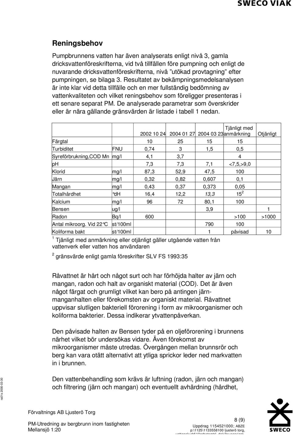 Resultatet av bekämpningsmedelsanalysen är inte klar vid detta tillfälle och en mer fullständig bedömning av vattenkvaliteten och vilket reningsbehov som föreligger presenteras i ett senare separat