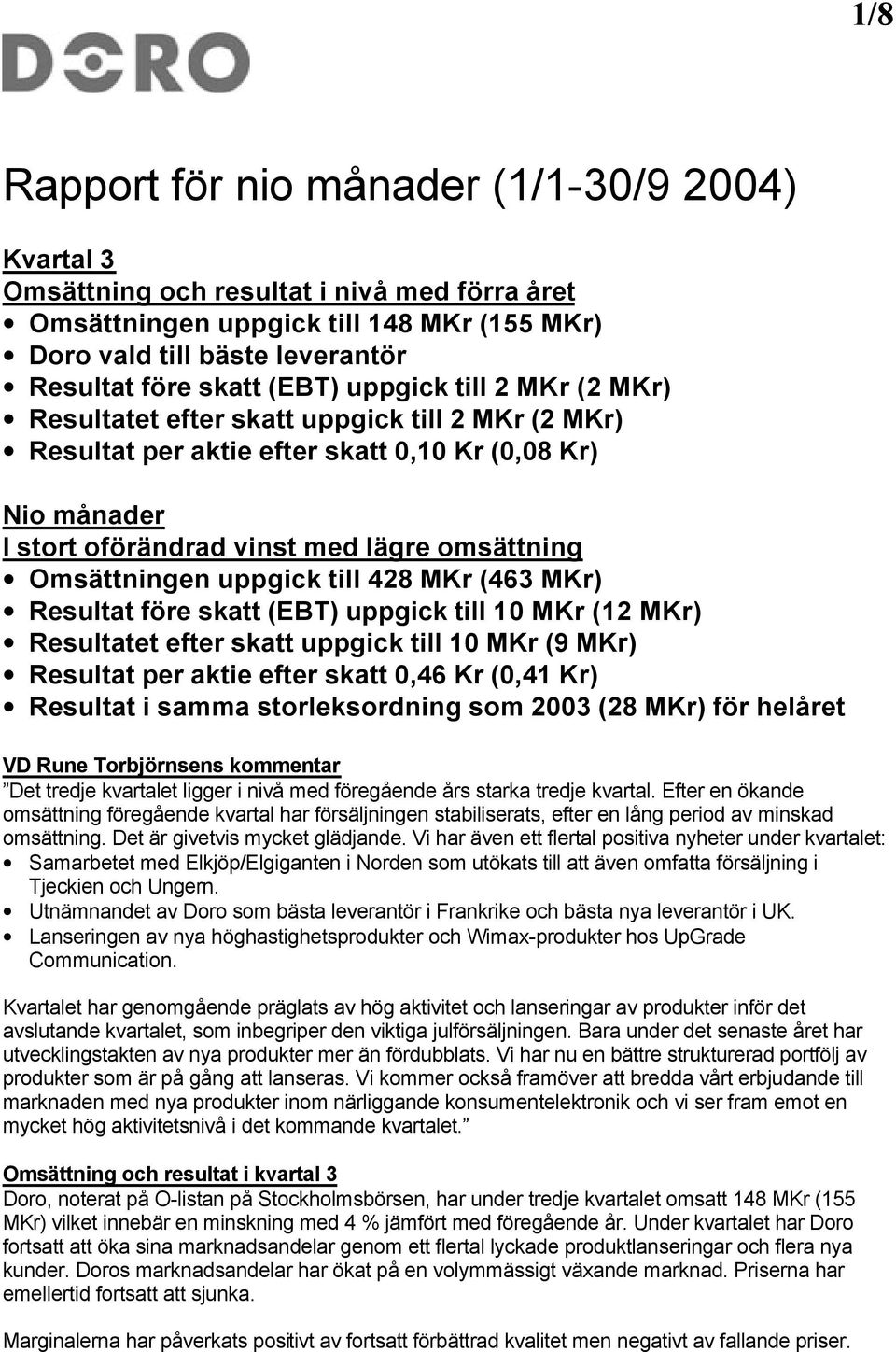 Omsättningen uppgick till 428 MKr (463 MKr) Resultat före skatt (EBT) uppgick till 10 MKr (12 MKr) Resultatet efter skatt uppgick till 10 MKr (9 MKr) Resultat per aktie efter skatt 0,46 Kr (0,41 Kr)