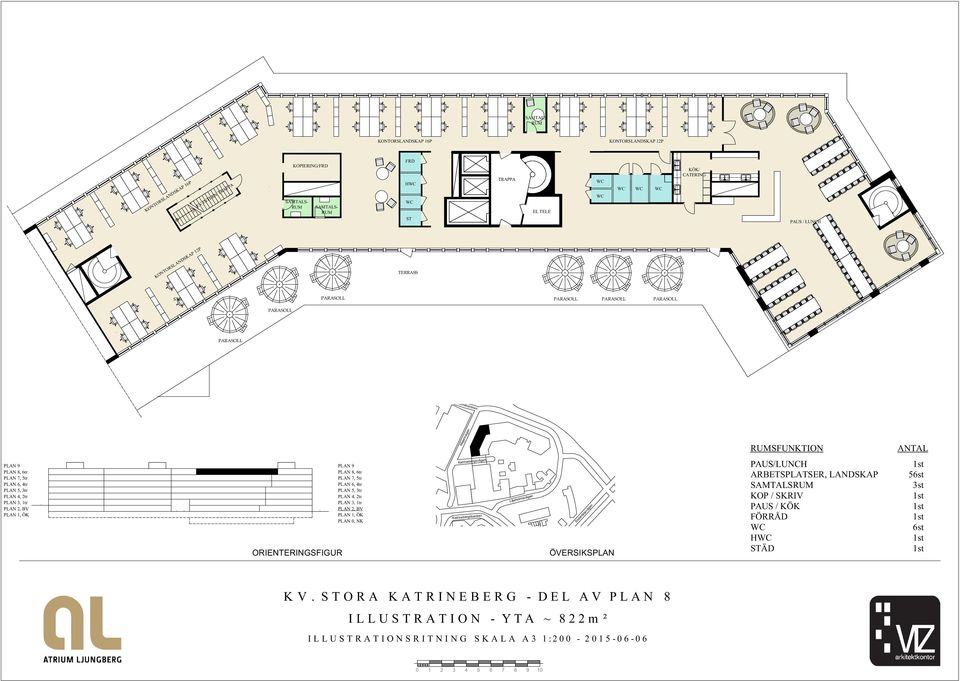 7, 5tr PLAN 6, 4tr PLAN 5, 3tr PLAN 4, 2tr PLAN 3, 1tr PLAN 2, BV PLAN 1, ÖK PLAN 0, NK Katrinebergsvägen Katrinebergsbacken Liljeholmsvägen Södertäljevägen ÖVERSIKSPLAN PAUS/LUNCH ARBETSPLATSER,
