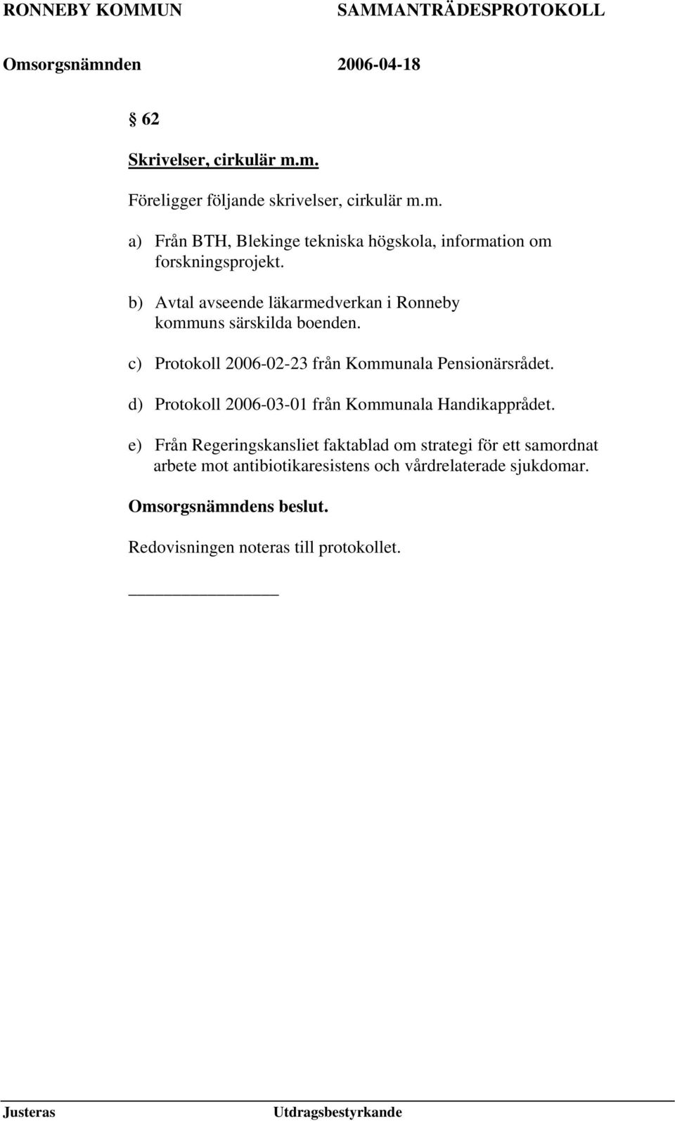 d) Protokoll 2006-03-01 från Kommunala Handikapprådet.