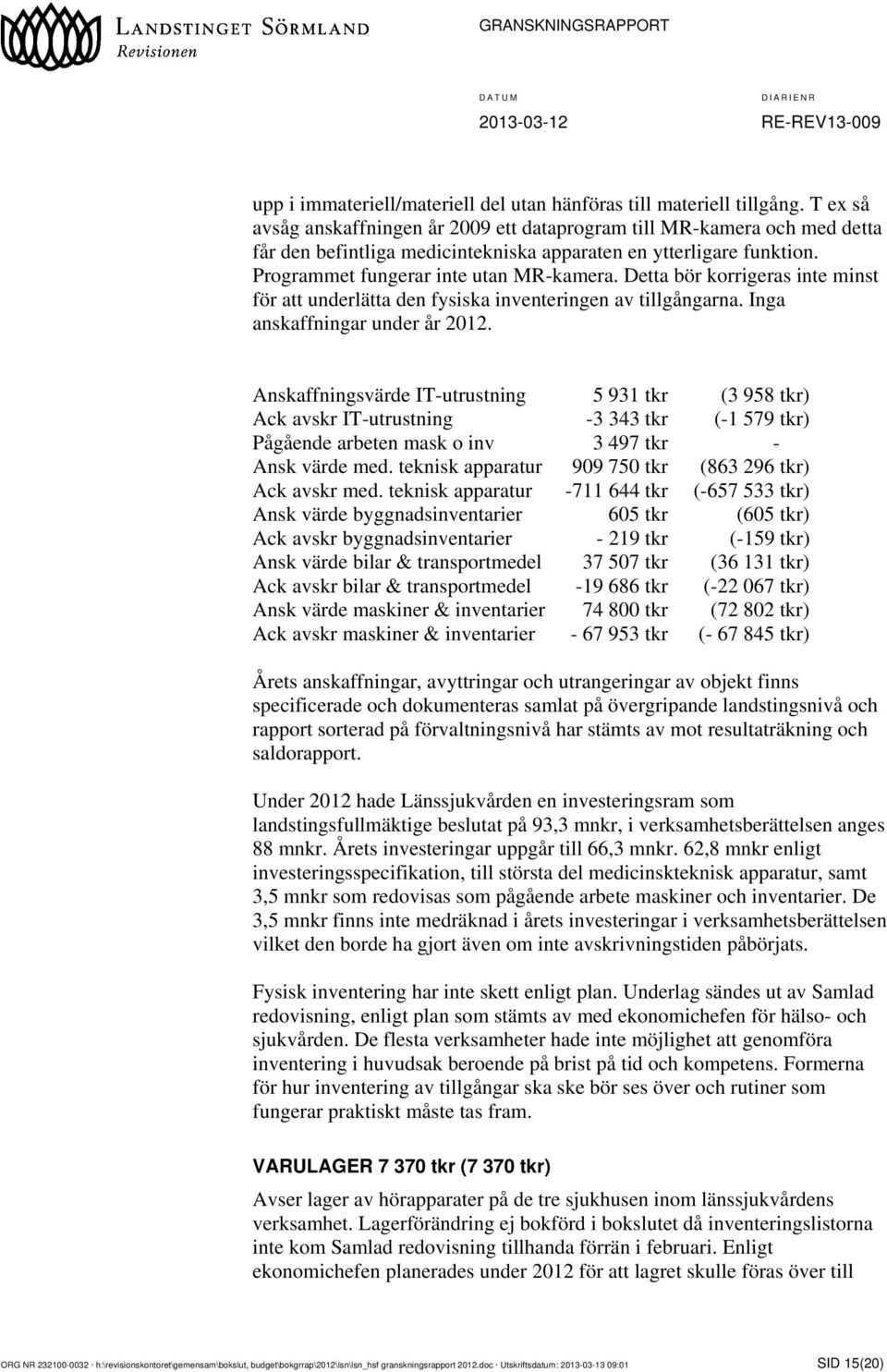 Detta bör korrigeras inte minst för att underlätta den fysiska inventeringen av tillgångarna. Inga anskaffningar under år 2012.