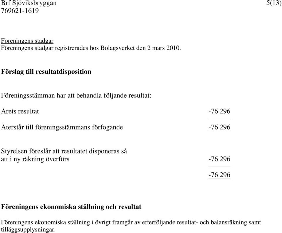 föreningsstämmans förfogande -76 296 Styrelsen föreslår att resultatet disponeras så att i ny räkning överförs -76 296-76 296