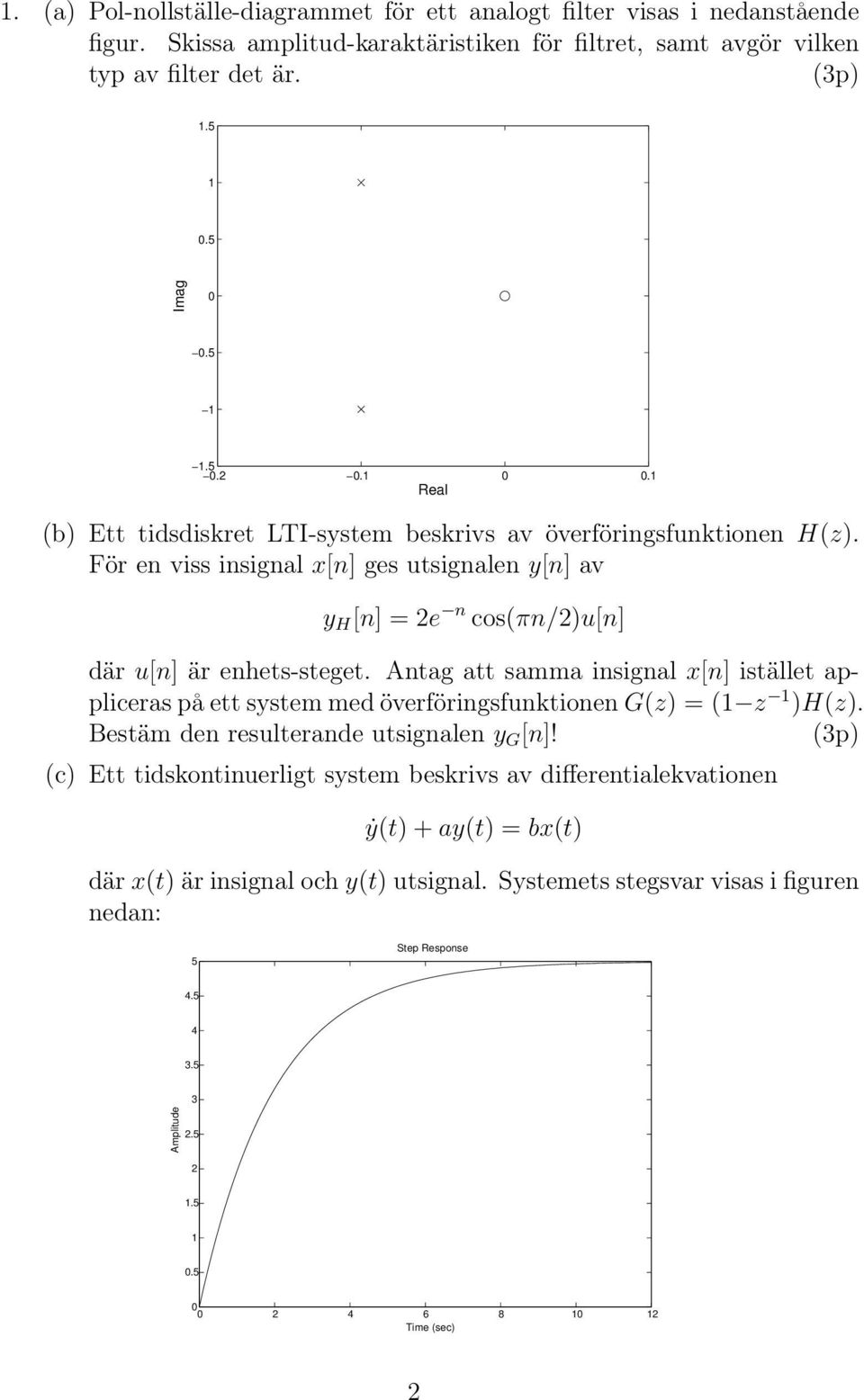 Antag att samma insignal x[n] istället appliceras på ett system med överföringsfunktionen G(z) = ( z )H(z). Bestäm den resulterande utsignalen y G [n]!